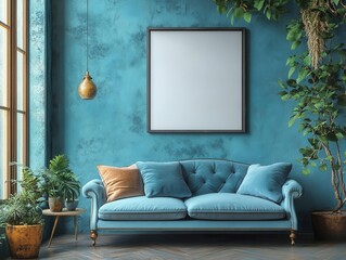 minimalist blue living room scene featuring a blank poster on the wall, inviting creativity and personalization in a tranquil home setting