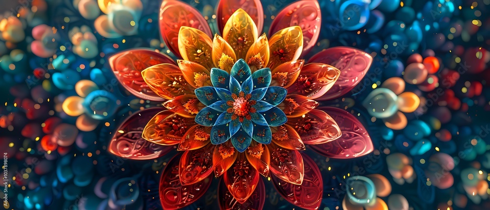Poster vibrant floral mandala with intricate patterns and rich colors creating a mesmerizing visual experie