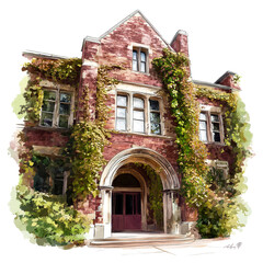 Fototapeta premium A historic school building with ivy-covered walls and arched entrances, academic charm, digital painting, soft vintage hues, isolated on white background 
