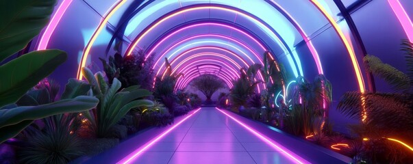 Futuristic greenhouse with alien plants, neon streams, glowing structures