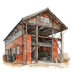 A rustic factory building with wooden beams and red brick exterior, industrial heritage style, watercolor illustration, soft tones, isolated on white background  