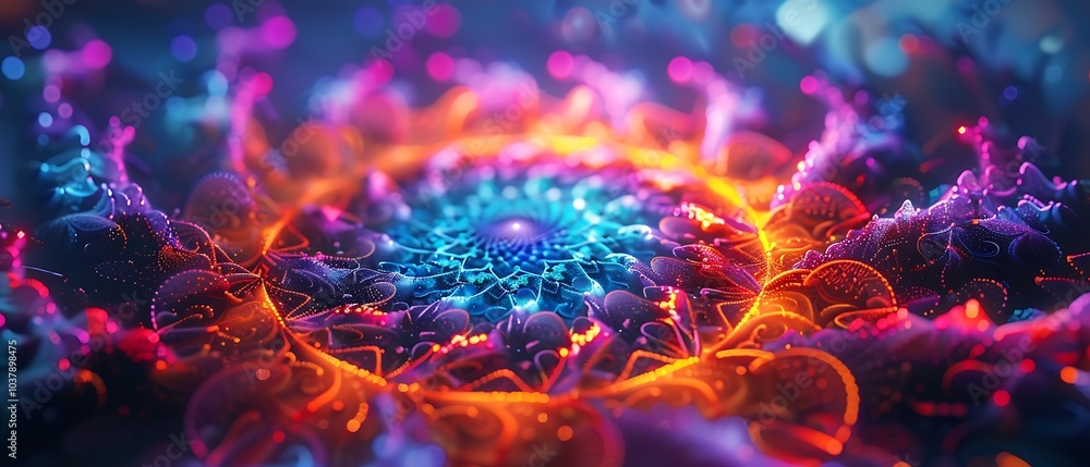Poster exploring the depths of colorful fractal patterns a journey through vibrant organic shapes and textu