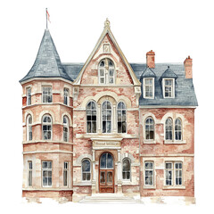 Naklejka premium A historic Victorian school building with ornate details, traditional architecture, watercolor style, soft pastel tones, isolated on white background 