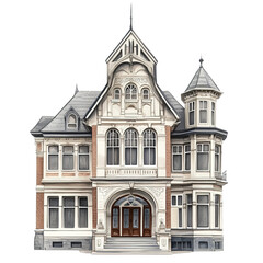 Fototapeta premium A historic Victorian school building with ornate details, traditional architecture, watercolor style, soft pastel tones, isolated on white background 
