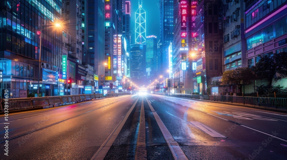 Poster a city street at night with neon signs and a tall building in the background. the street is empty an