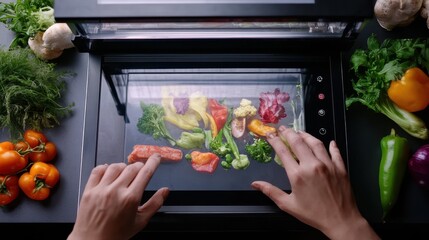 User customizing a colorful dish on a touchscreen food printer with fresh ingredients and vegetables in a bright kitchen setting