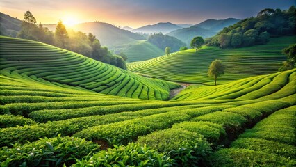 Fototapeta premium green tea plantation landscape photography with shallow depth of field