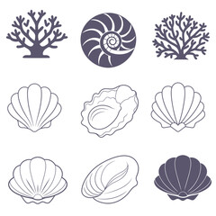 Scallop shell , mussel and seaweed icons set. Shellfish delicacy silhouette in thin lines minimalist style, emblem for the menu of the seafood restaurant.