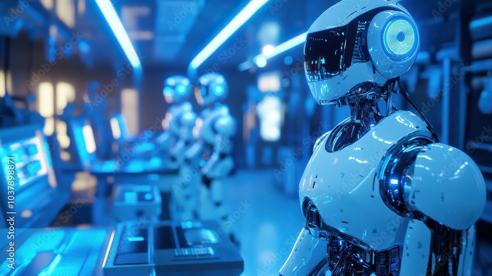 Poster robots conduct simulations in a high-tech laboratory exploring the three rules of robotics under coo