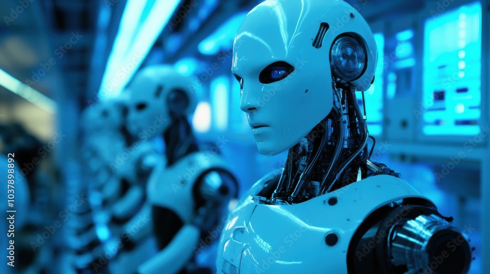 Fototapete robots conduct simulations in a laboratory illuminated by cool blue lighting and follow the three ru