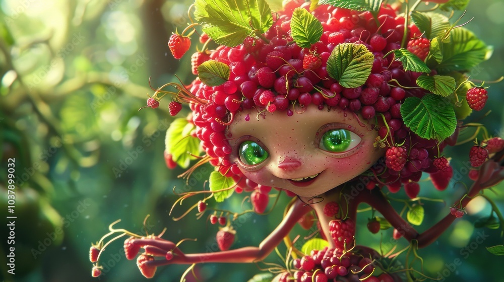 Poster a cartoon character with a strawberry hat and a green eye. the character is smiling and he is happy