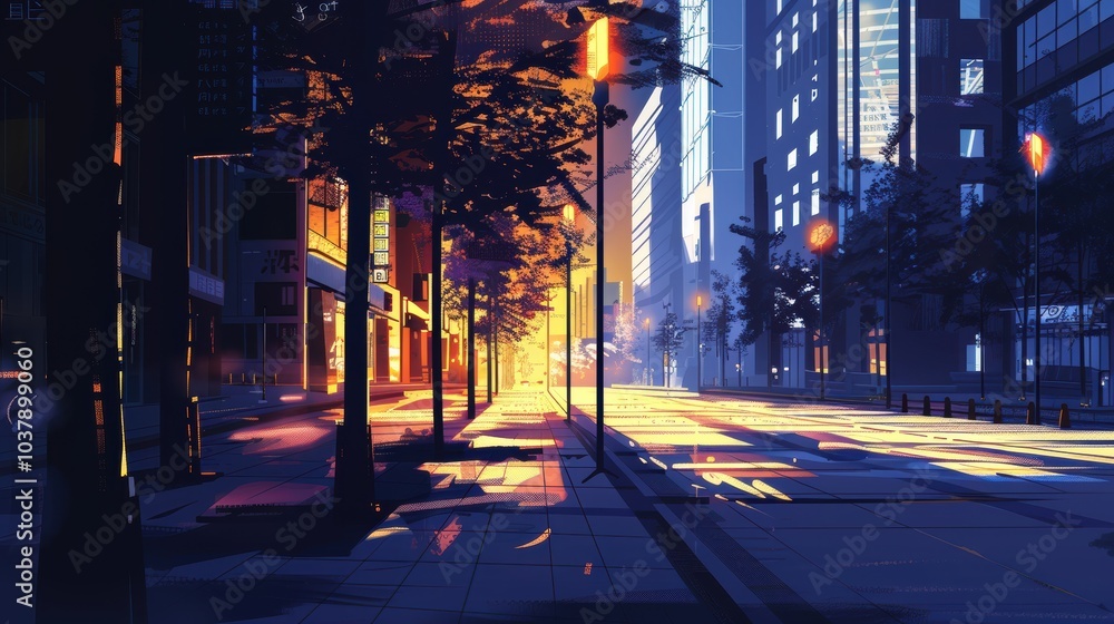 Aufkleber a city street with a tree in the middle of it. the street is empty and the sun is setting
