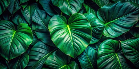Embrace tranquility with a vibrant assembly of dark green tropical leaves, establishing a calming atmosphere ideal for