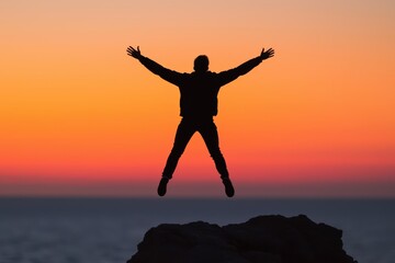 Fototapeta premium A Joyful Leap of Freedom Against a Vibrant Sunset Horizon