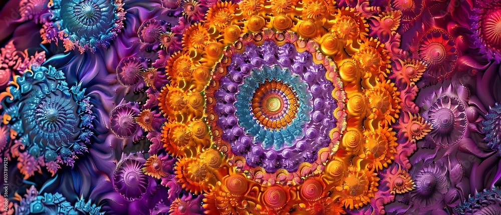 Poster Vibrant fractal patterns in a kaleidoscopic display of colors and shapes creating a stunning visual experience