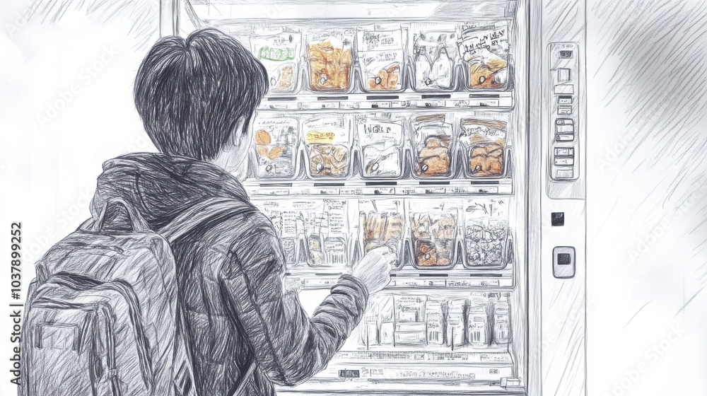 Poster A person customizes their meal at a vending machine, selecting various toppings and preferences in a busy setting