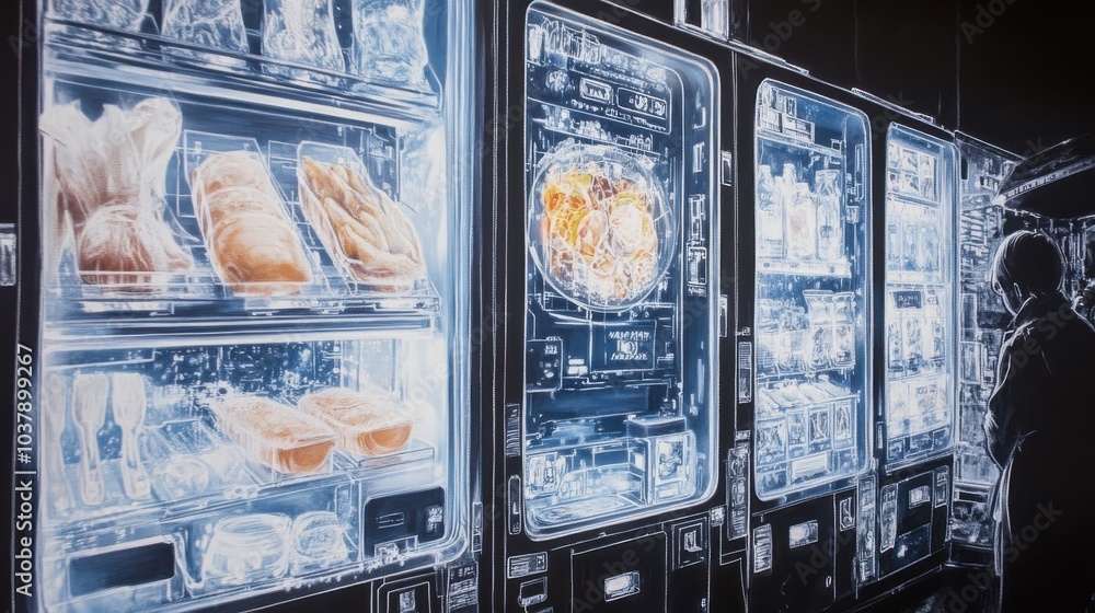 Poster close-up of a futuristic vending machine featuring holographic displays of food being prepared in a 