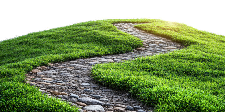 Winding asphalt path through green grass isolated on a white transparent background