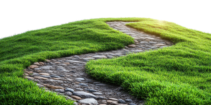 Winding asphalt path through green grass isolated on a white transparent background