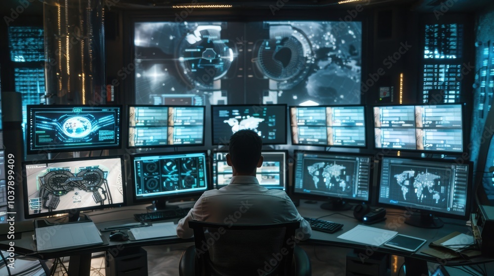 Leinwandbilder an office worker engages with multiple high-tech screens in a modern remote work setup, managing dig