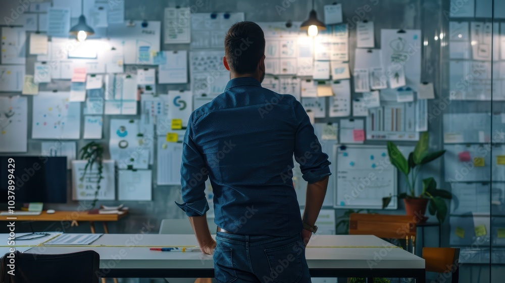 Poster Office worker reflecting on project plans in a modern startup environment during evening hours