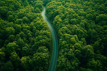 Aerial View of Winding Road Through Lush Green Forest