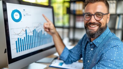 Office worker at a tech startup analyzes data trends on a computer screen during a productive workday