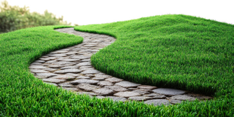 Winding asphalt path through green grass isolated on a white transparent background