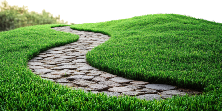 Winding asphalt path through green grass isolated on a white transparent background