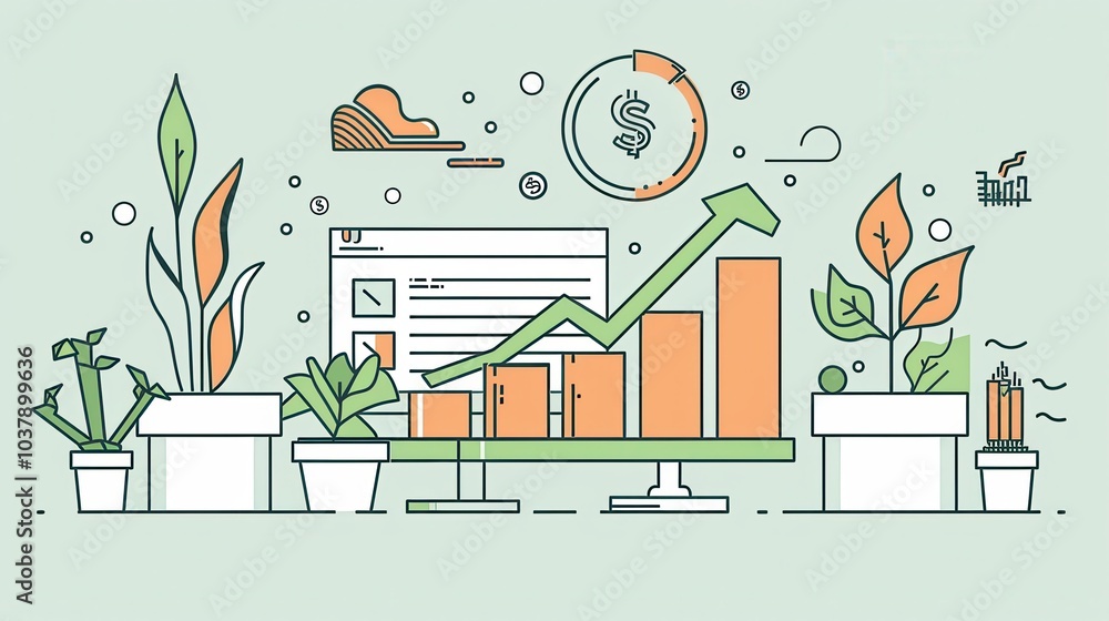 Poster a minimalistic drawing of a digital investment portfolio showcasing growth and security with plants 