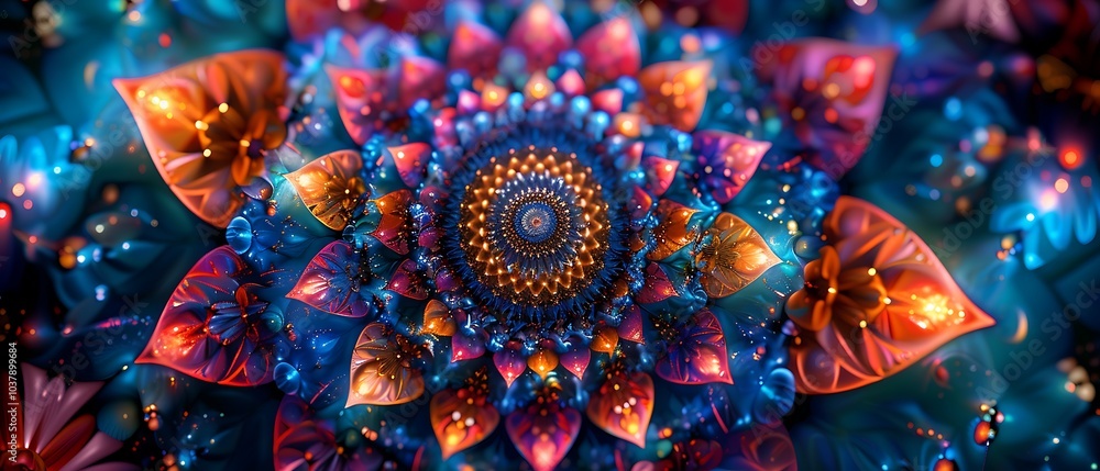 Poster a mesmerizing journey through colorful floral patterns and spiraling designs in a vibrant kaleidosco