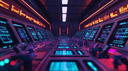 Space colony command center, holographic controls, advanced tech, vibrant colors