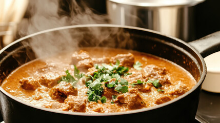 Fototapeta premium Hearty beef stew simmering in a rustic cast iron skillet garnished with fresh herbs