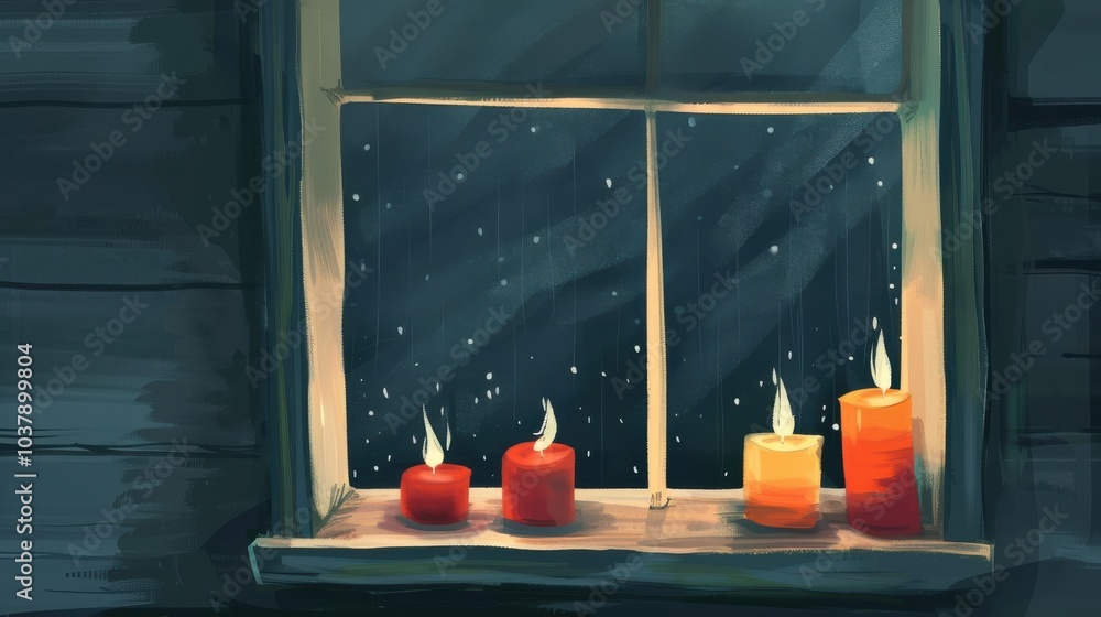 Poster warm holiday candles glowing in a minimalist window setting during a snowy evening