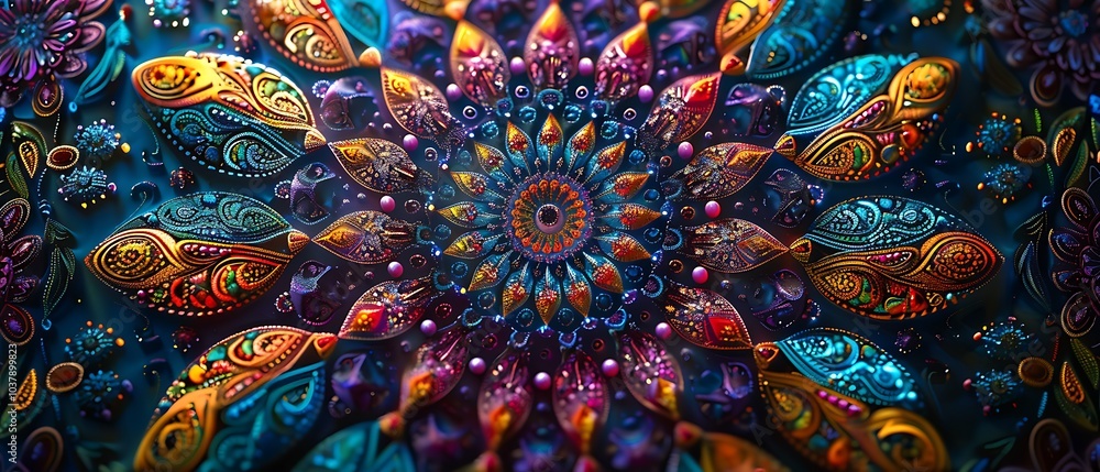 Poster vibrant and intricate mandala design with rich colors and patterns for a mesmerizing visual experien