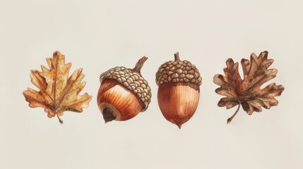 A minimalist drawing of autumn acorns and leaves, showcasing clean lines and seasonal decor for fall-inspired ambiance
