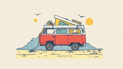 Obraz premium Family adventure on a summer road trip in a vintage van traveling through scenic landscapes with mountains and sunshine