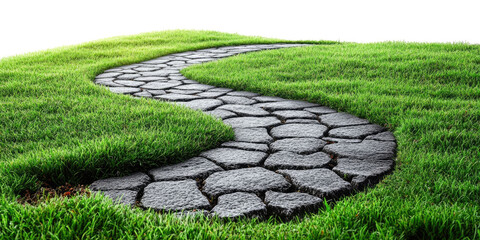 Winding asphalt path through green grass isolated on a white transparent background
