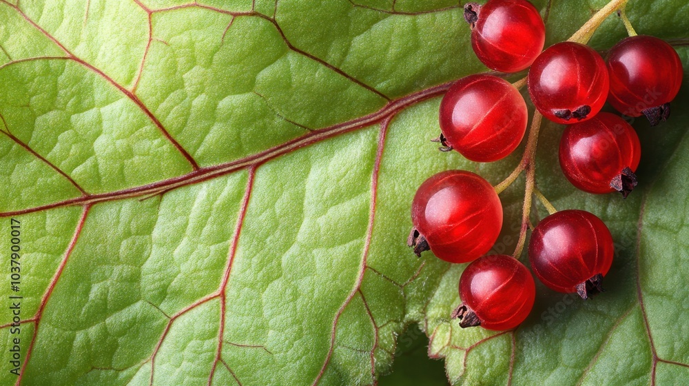 Poster close-up view of a wild currant leaf highlighting vibrant berries and intricate vein patterns in nat