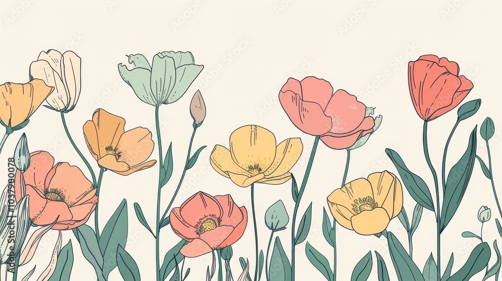 Poster minimalistic line art depicting blooming spring flowers in a fresh and vibrant display of color and 