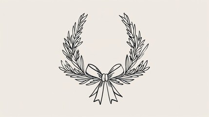Minimalistic line art of a holiday wreath adorned with a simple bow, capturing the essence of seasonal warmth and celebration