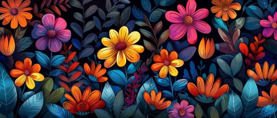Vibrant Floral Pattern with Colorful Blossoms and Leaves