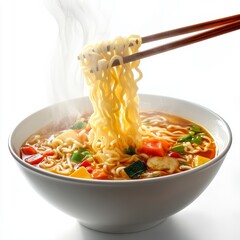 A bowl of Chinese vegetable ramen, Just out of the pot, steaming, Pick up the noodles with a pair of chopsticks, white plate