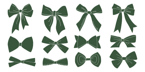 Set of green bows with a white background. Minimalist retro bows silhouette collection