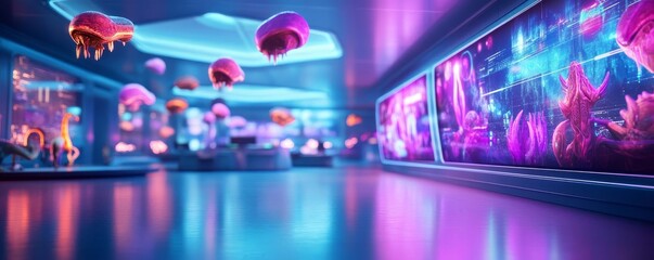 Fototapeta premium Spaceport lounge, holographic displays, diverse alien species, futuristic style