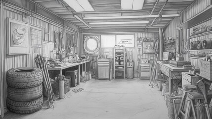 A drawing of a garage with a tire on the floor