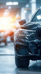 Sleek Black Car with Slight Damage Illuminated by Workshop Lighting