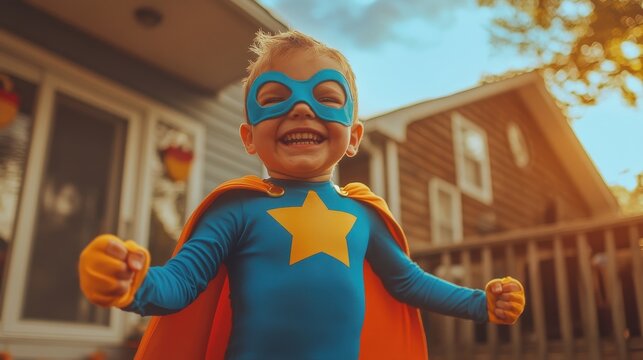 Fototapeta A young boy in a blue superhero costume is smiling and posing for a picture