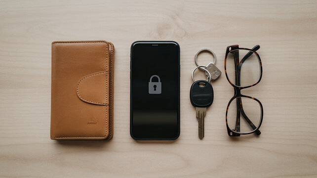 minimalist flat lay featuring wallet, smartphone, keys, and glasses, all arranged neatly on wooden surface. This composition emphasizes everyday essentials and organization