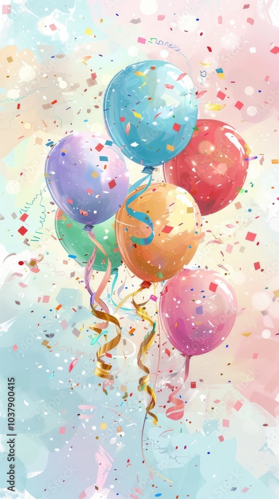 Poster hand-drawn new year celebration with colorful balloons and confetti creating a festive atmosphere